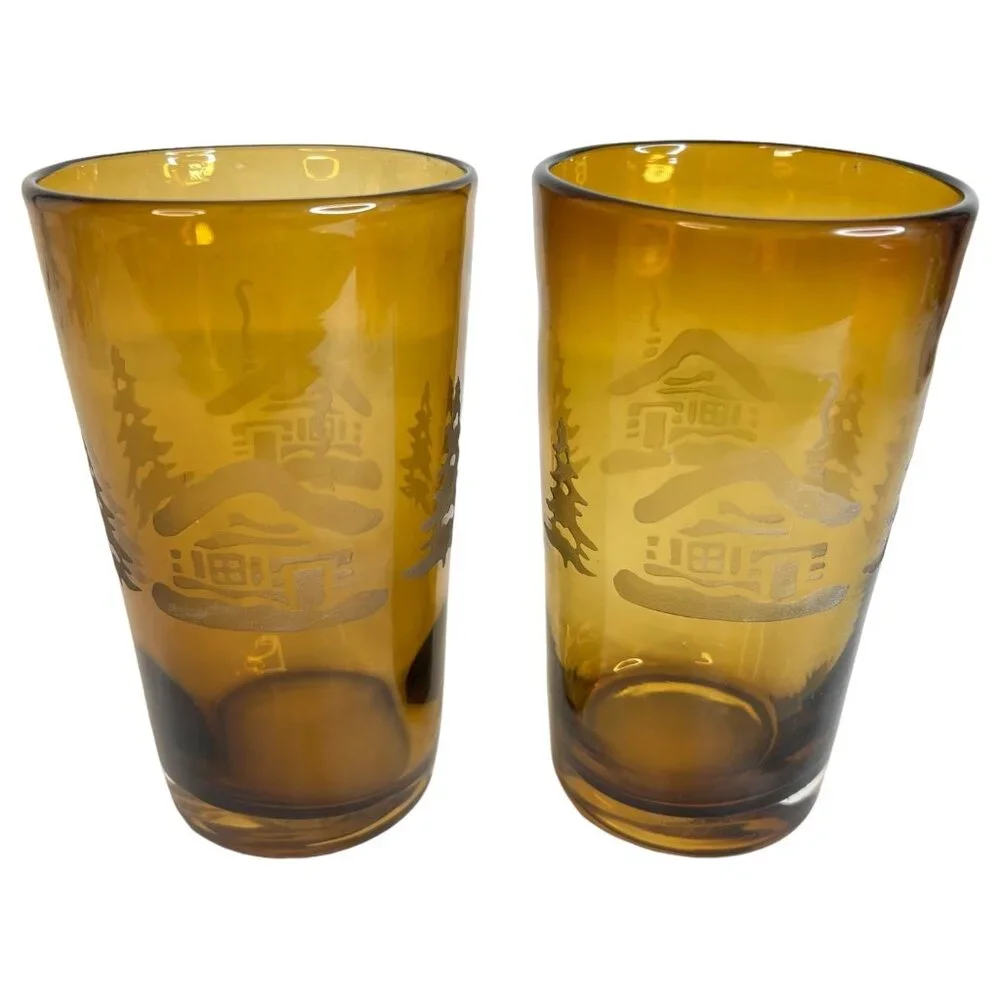 2 Home Studio Woodland Amber Glass Tumblers Etched Winter Scene 20 OZ Cabin Tree
